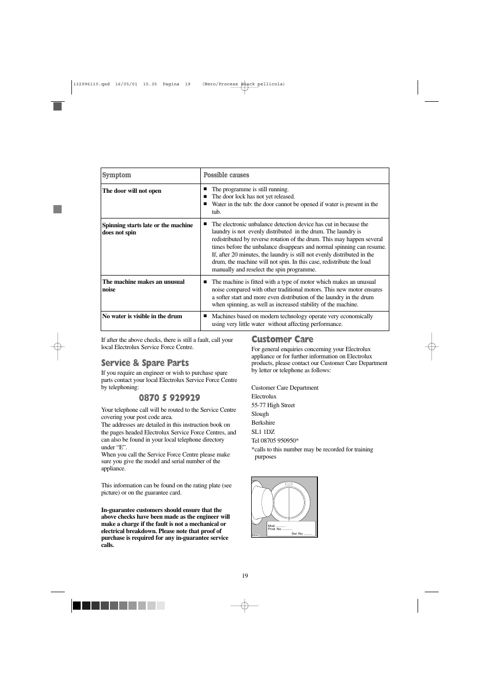 Service & spare parts, Customer care | Tricity Bendix BIW 1202 User Manual | Page 19 / 28