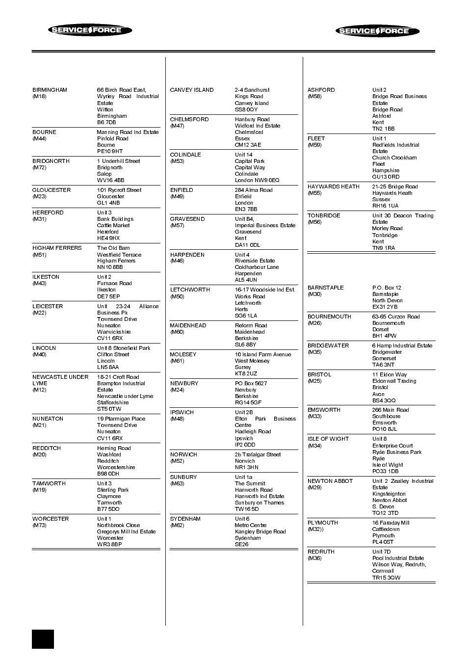 Tricity bendix service force, Midlands, London & east anglia | South east, South west | Tricity Bendix BS 621/2 User Manual | Page 36 / 40