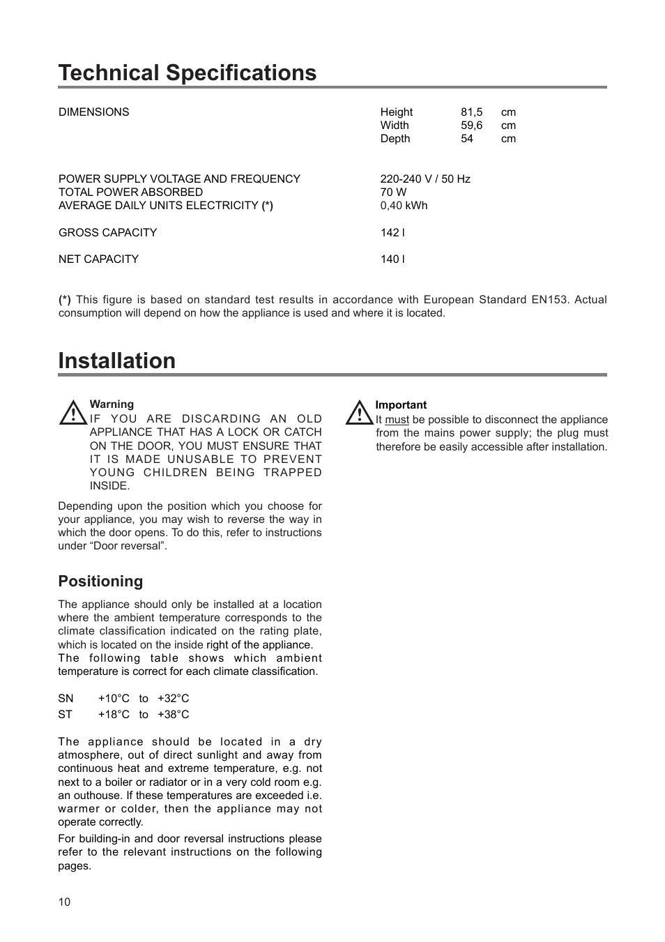 Technical specifications, Installation, Positioning | Tricity Bendix TBUL 140 User Manual | Page 10 / 20