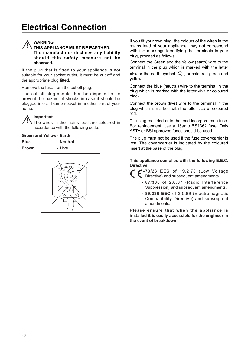 Electrical connection | Tricity Bendix TBUL 140 User Manual | Page 12 / 20