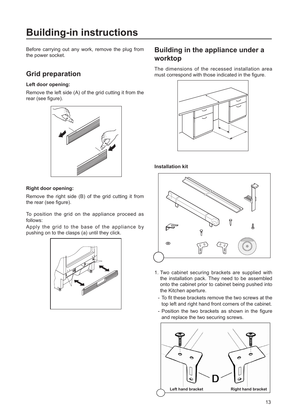 Building-in instructions, Grid preparation, Building in the appliance under a worktop | Tricity Bendix TBUL 140 User Manual | Page 13 / 20