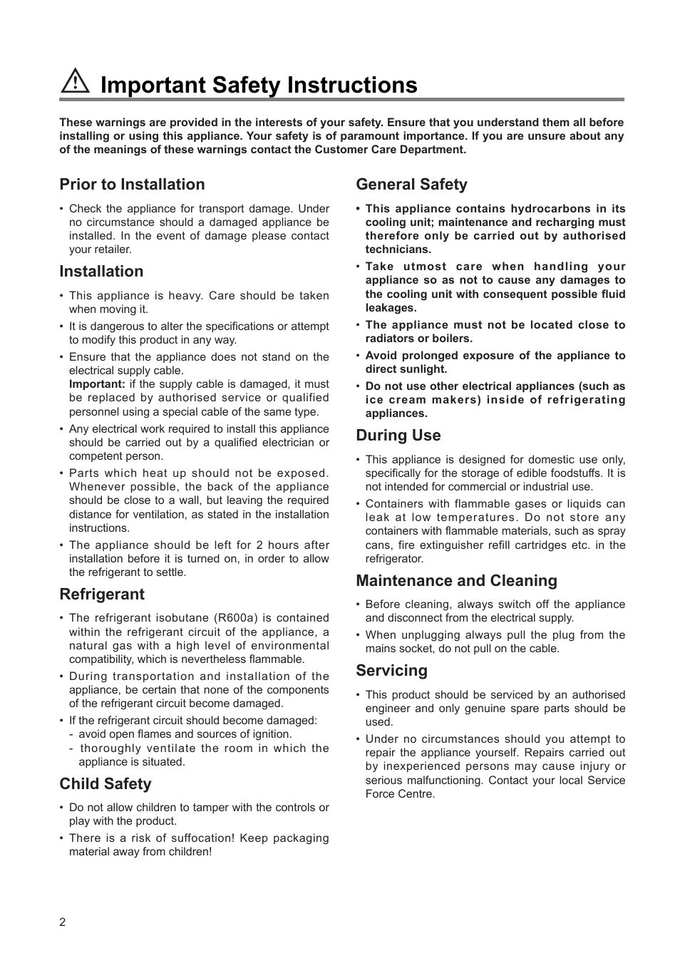 Important safety instructions, General safety, During use | Maintenance and cleaning, Servicing, Prior to installation, Installation, Refrigerant, Child safety | Tricity Bendix TBUL 140 User Manual | Page 2 / 20