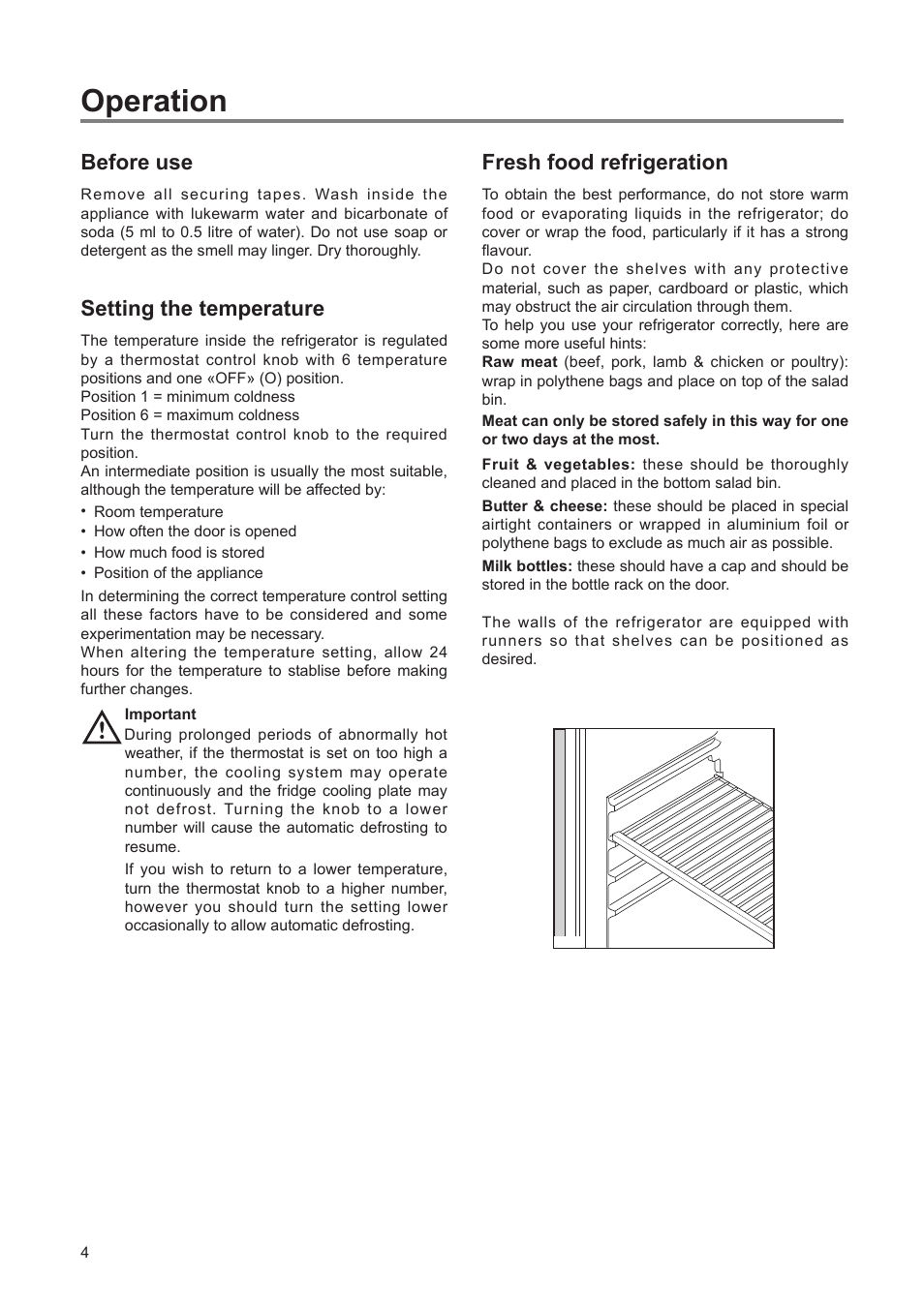 Operation, Fresh food refrigeration, Before use | Setting the temperature | Tricity Bendix TBUL 140 User Manual | Page 4 / 20