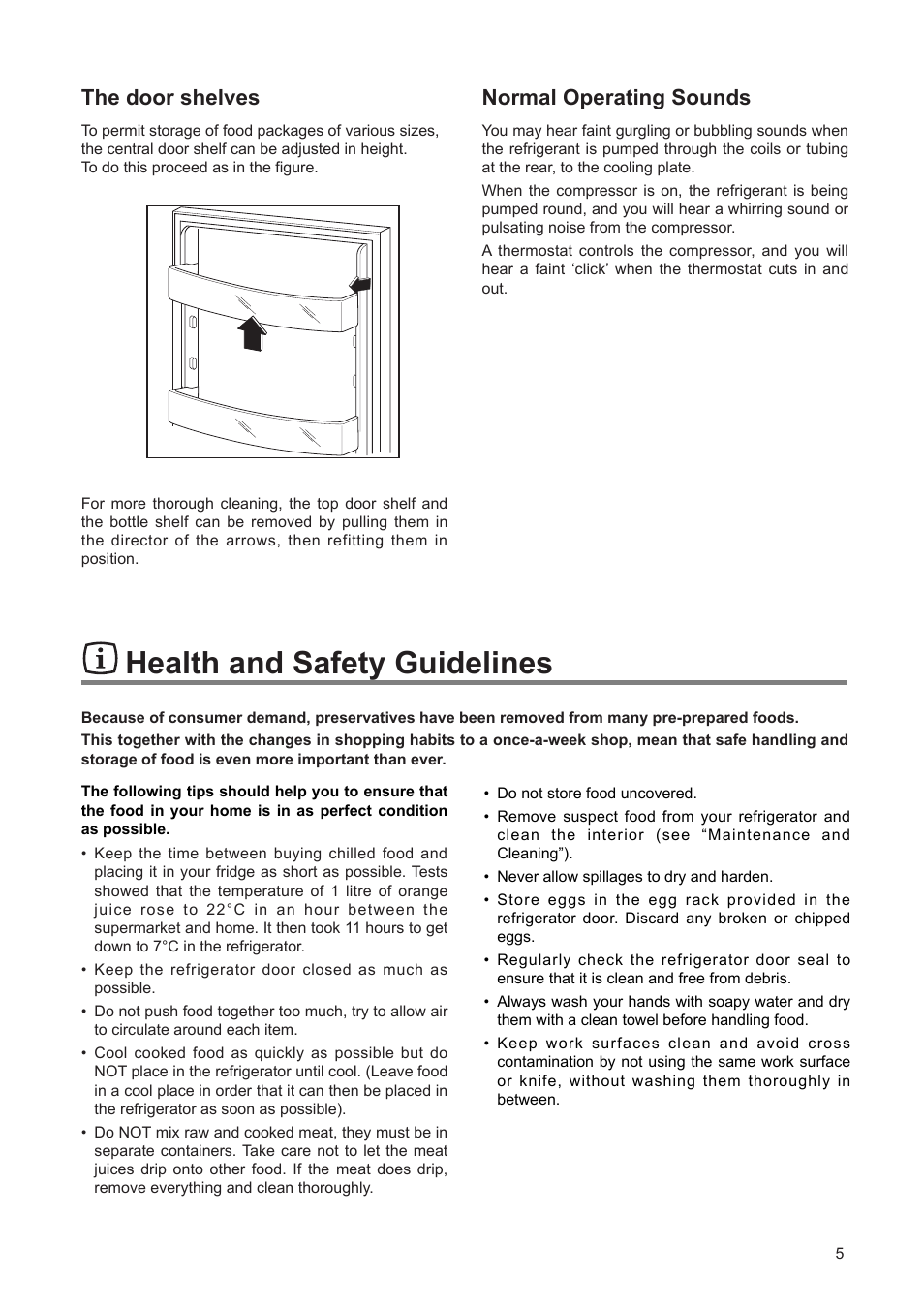 Health and safety guidelines, Normal operating sounds, The door shelves | Tricity Bendix TBUL 140 User Manual | Page 5 / 20