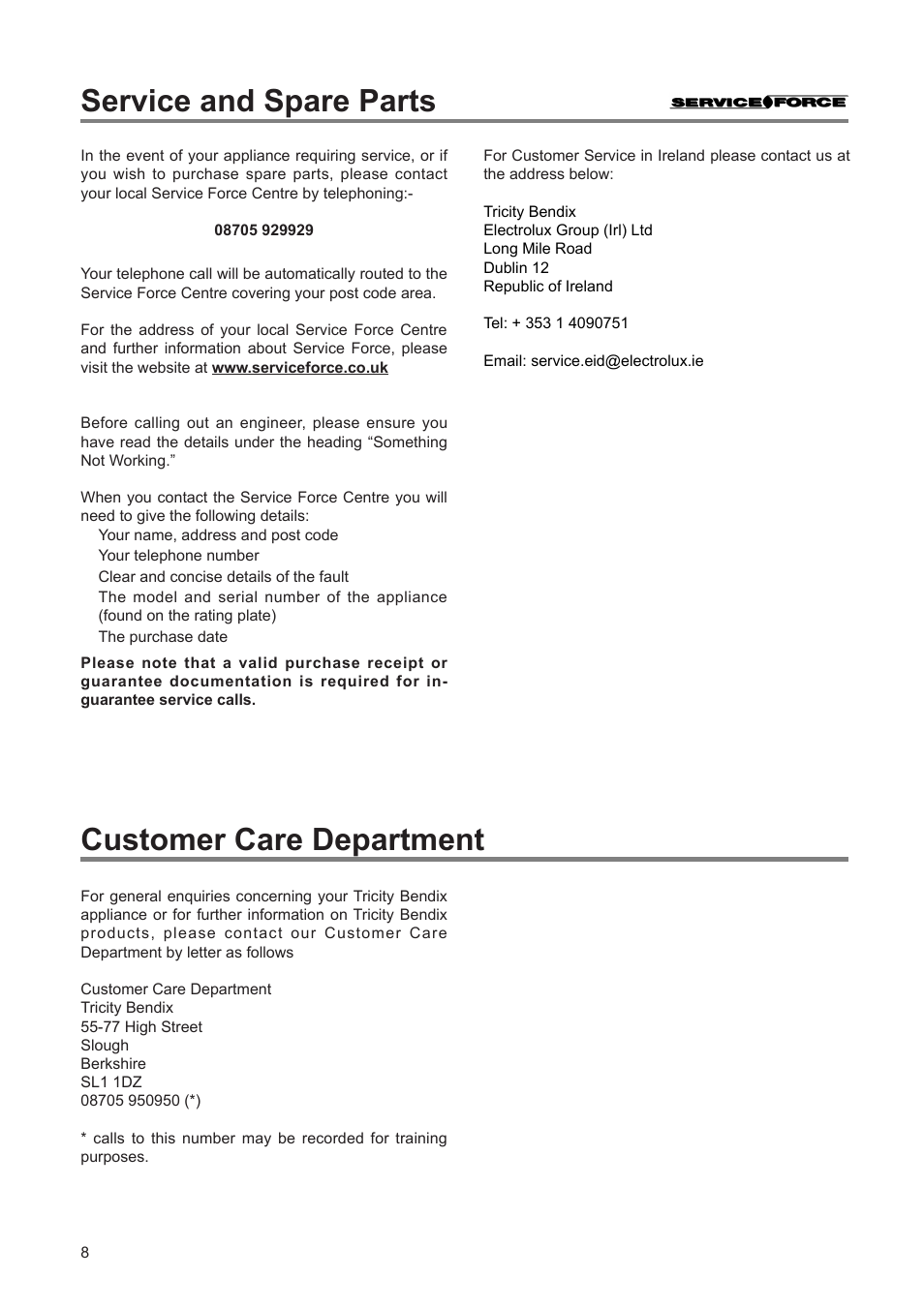 Service and spare parts, Customer care department | Tricity Bendix TBUL 140 User Manual | Page 8 / 20