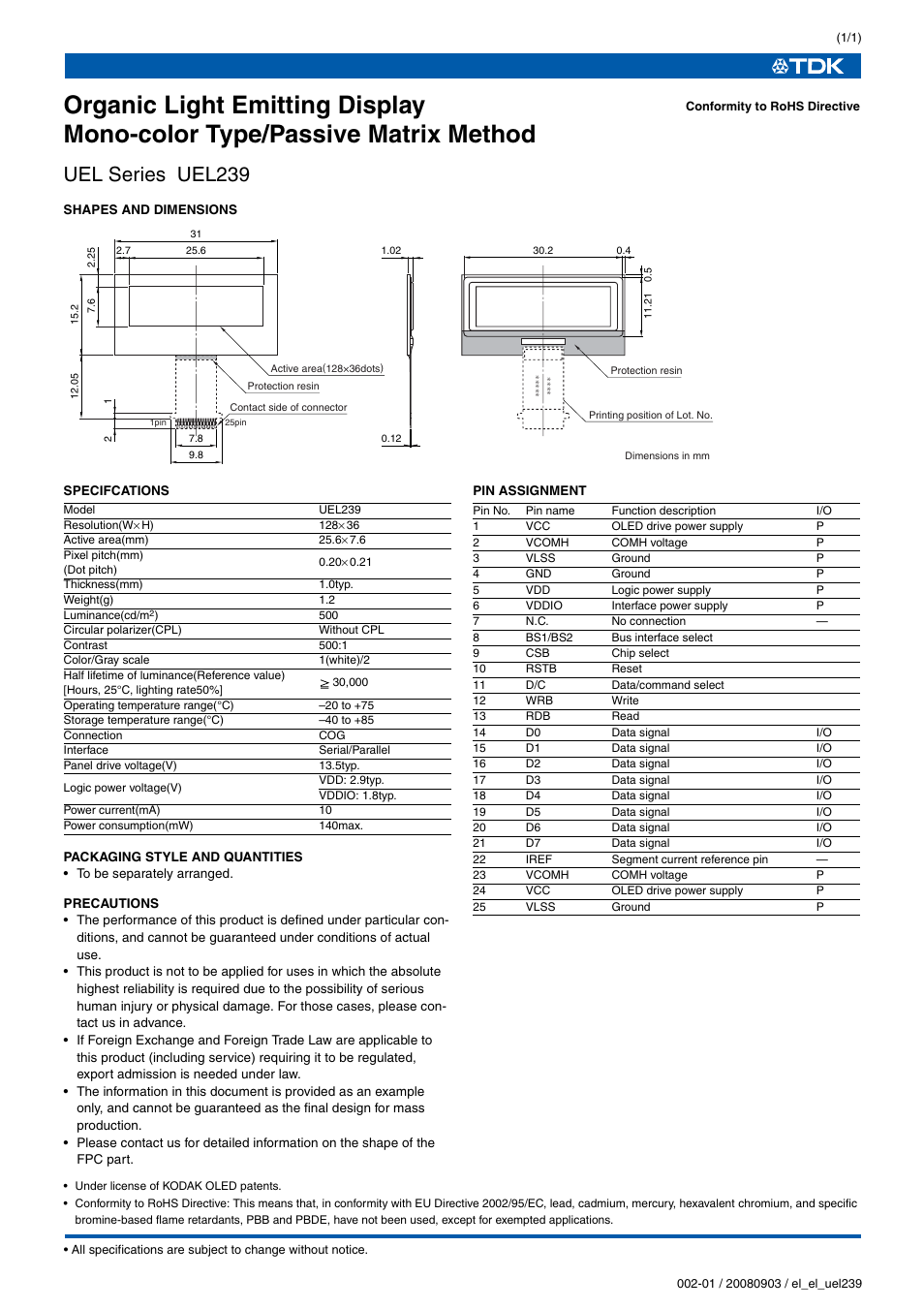 TDK UEL Series UEL239 User Manual | 1 page