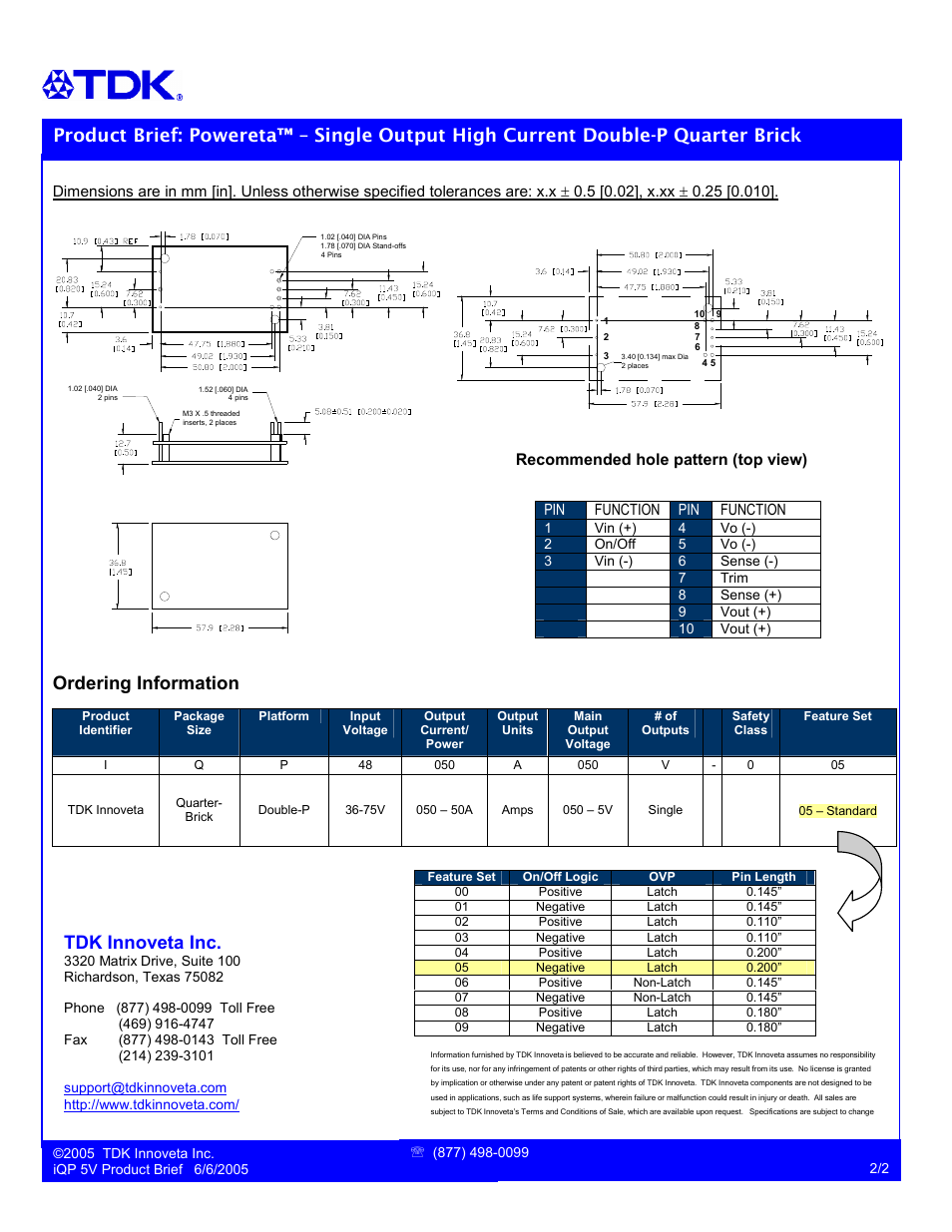Ordering information, Tdk innoveta inc | TDK Powereta iQP48050A050V User Manual | Page 2 / 2