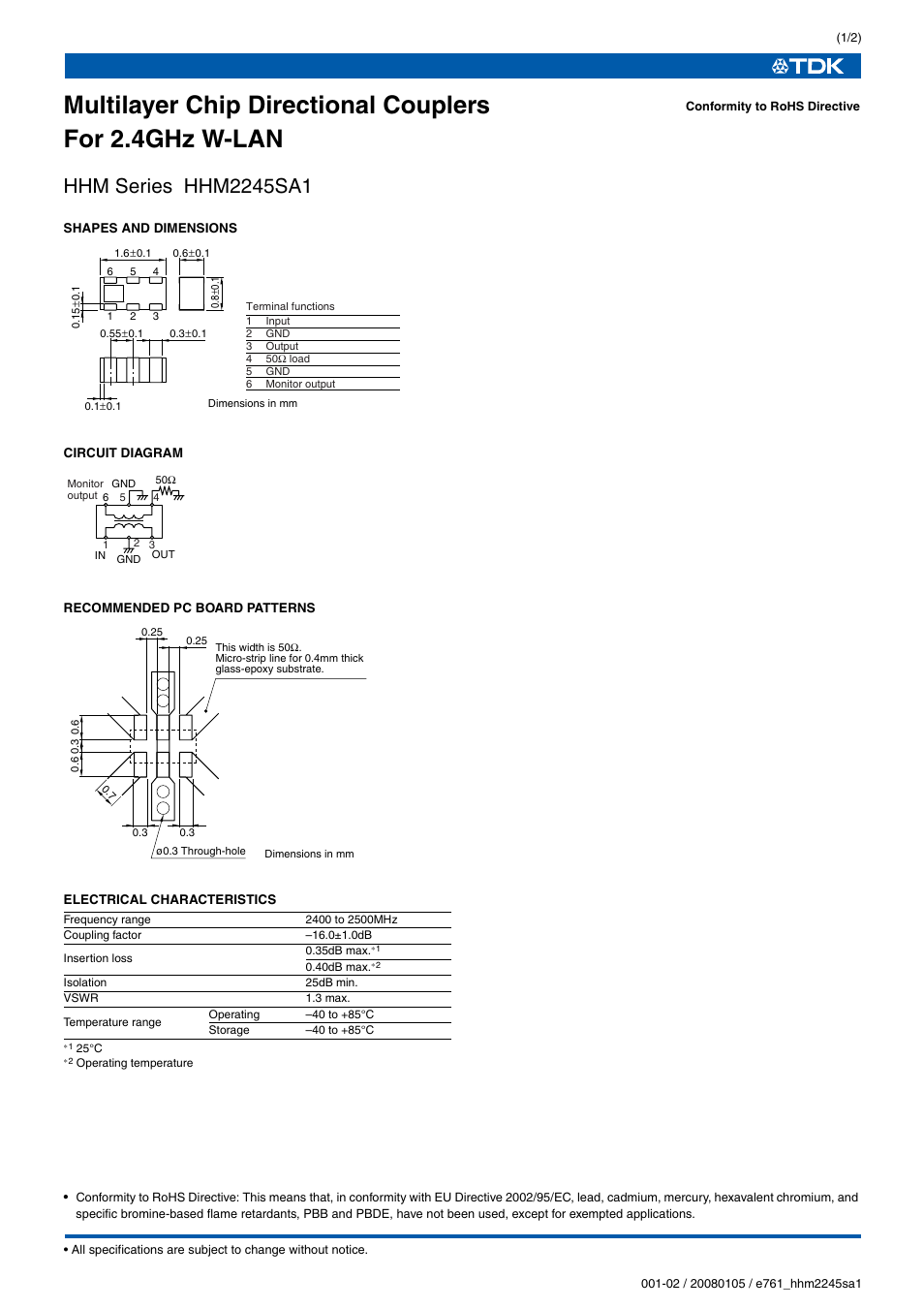 TDK HHM Series HHM2245SA1 User Manual | 2 pages