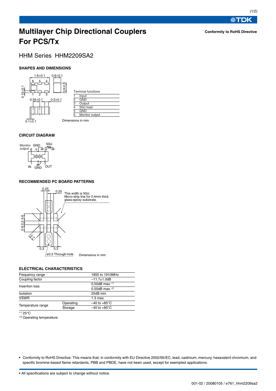 TDK HHM Series HHM2209SA2 User Manual | 2 pages