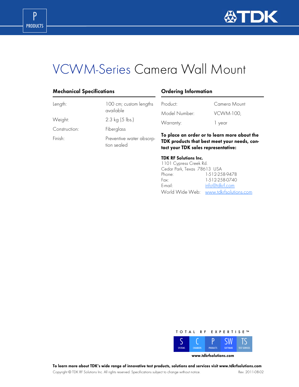 Vcwm-series camera wall mount | TDK VCWM-150 User Manual | Page 2 / 2