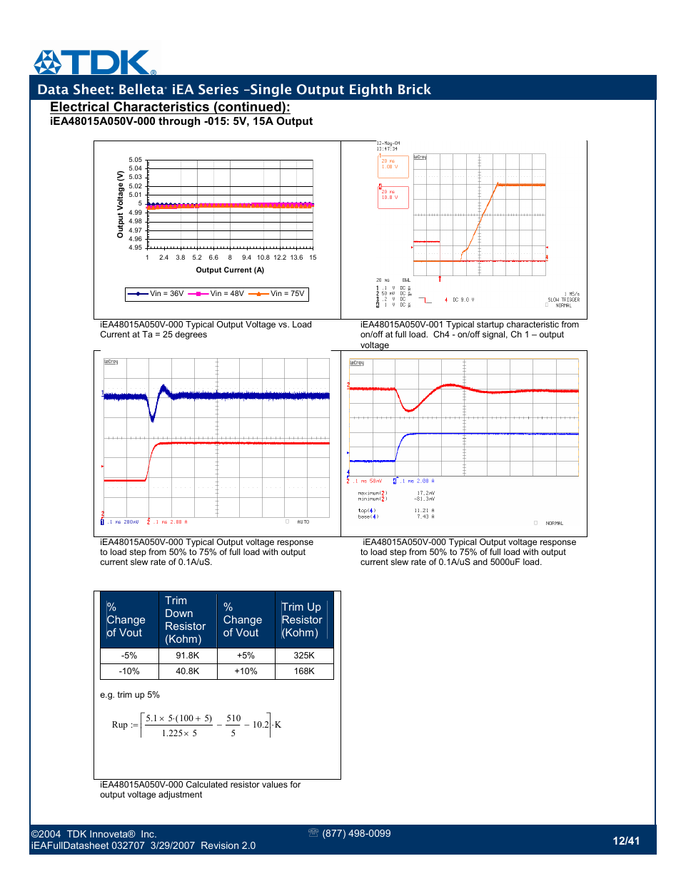 Data sheet: belleta, Iea series –single output eighth brick, Electrical characteristics (continued) | TDK Belleta iEA Series User Manual | Page 12 / 41