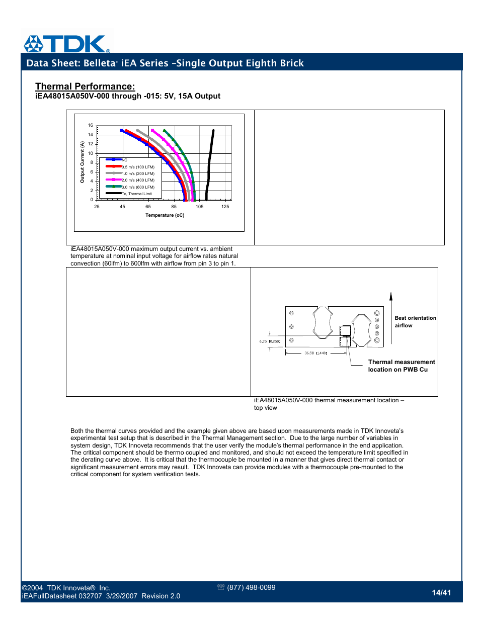 Data sheet: belleta, Iea series –single output eighth brick, Thermal performance | TDK Belleta iEA Series User Manual | Page 14 / 41