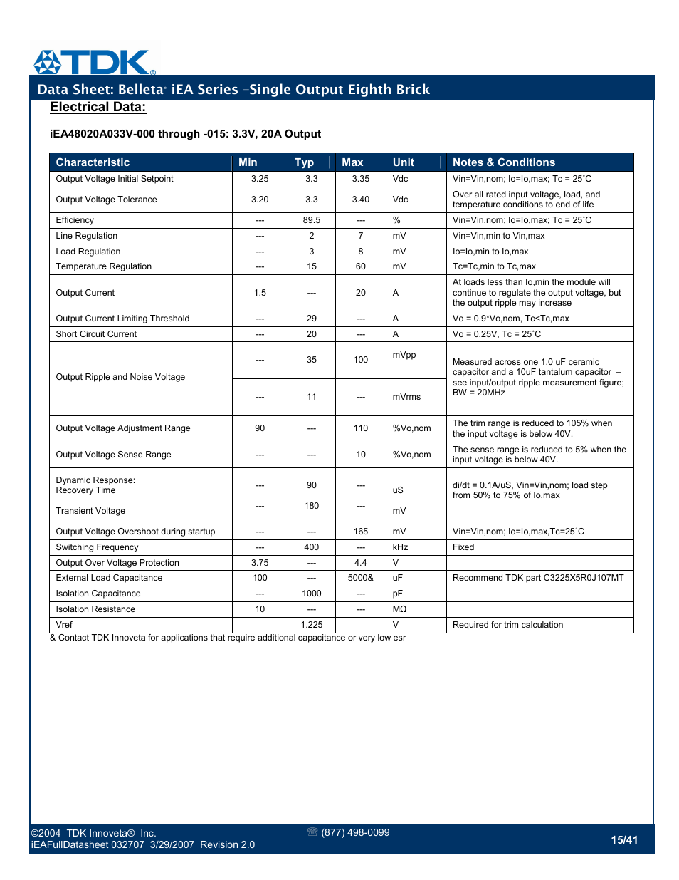 Data sheet: belleta, Iea series –single output eighth brick, Electrical data | TDK Belleta iEA Series User Manual | Page 15 / 41