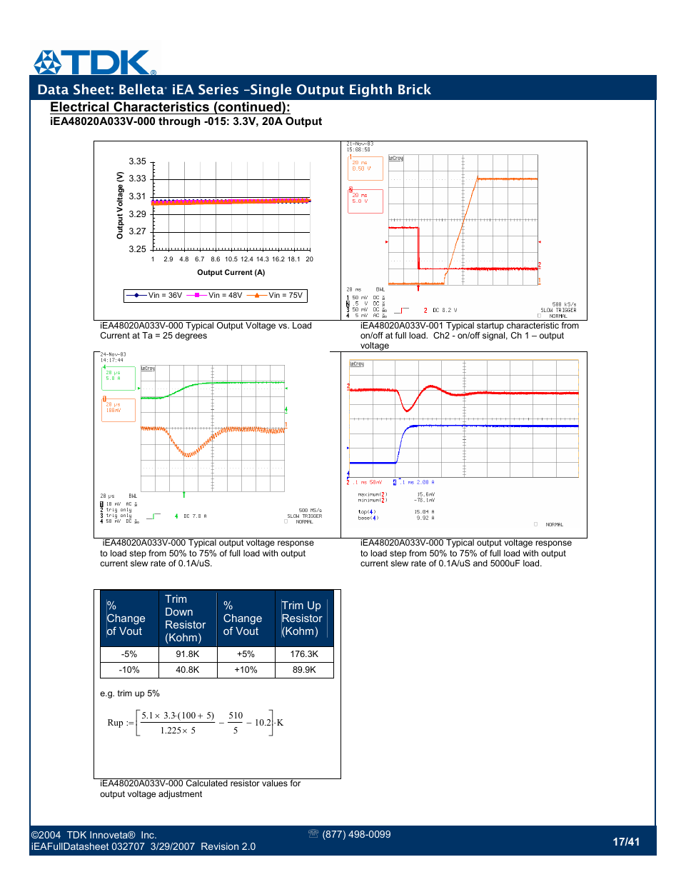 Data sheet: belleta, Iea series –single output eighth brick, Electrical characteristics (continued) | TDK Belleta iEA Series User Manual | Page 17 / 41