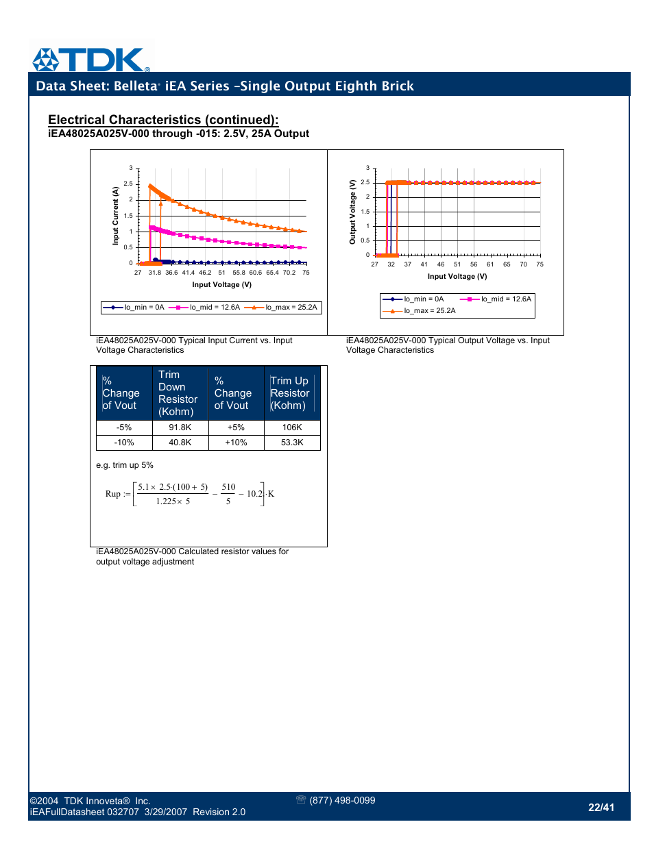 Data sheet: belleta, Iea series –single output eighth brick, Electrical characteristics (continued) | TDK Belleta iEA Series User Manual | Page 22 / 41