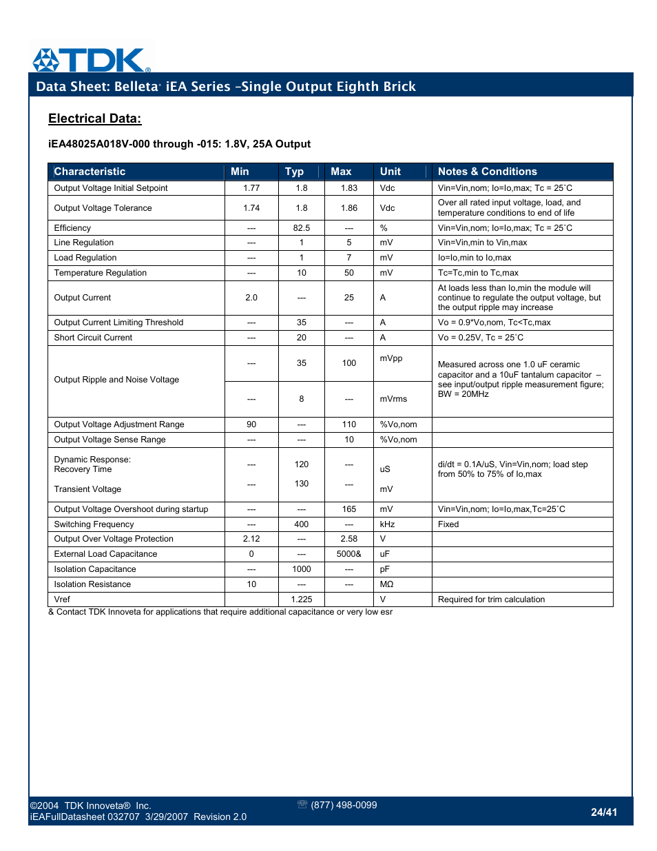 Data sheet: belleta, Iea series –single output eighth brick, Electrical data | TDK Belleta iEA Series User Manual | Page 24 / 41