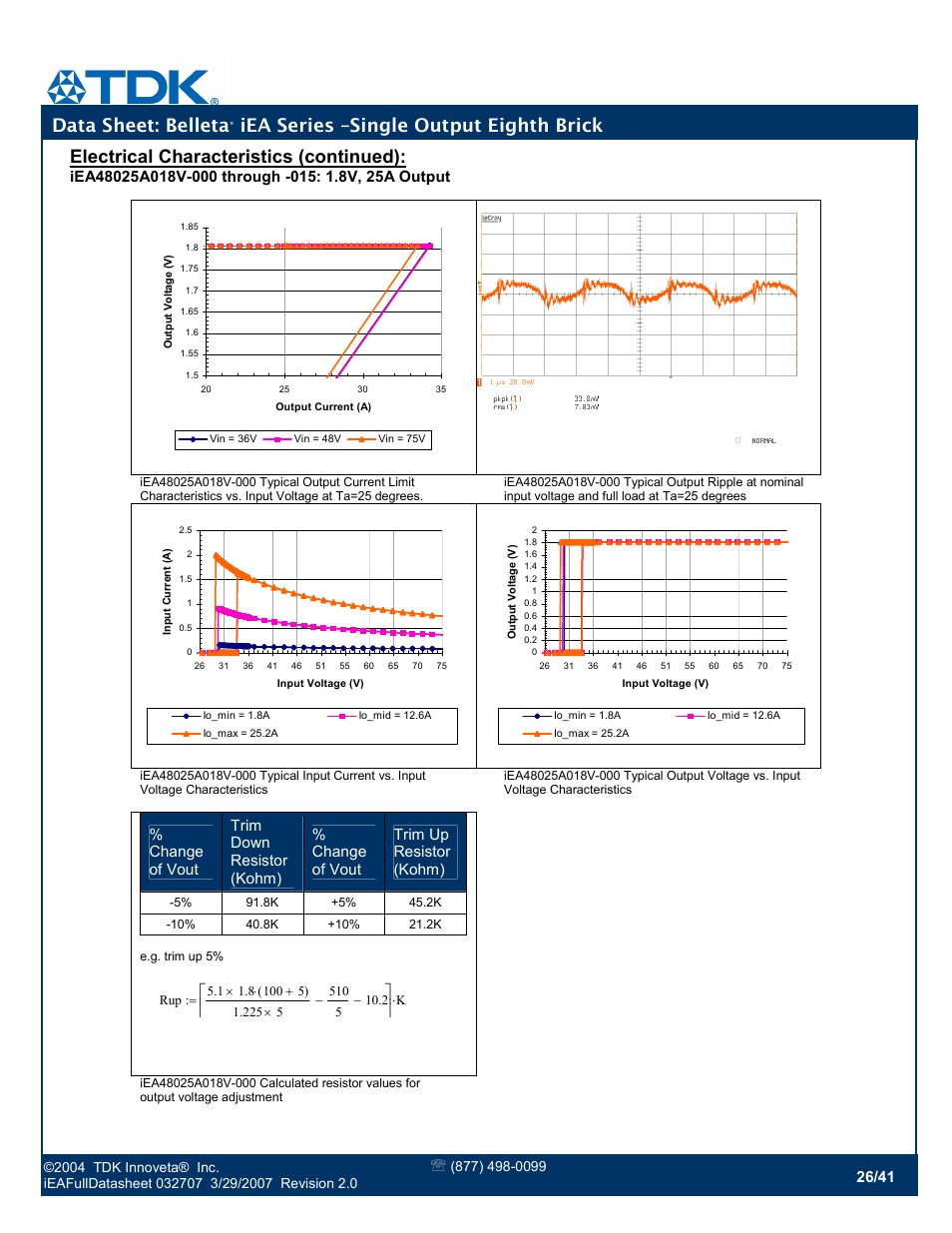 Data sheet: belleta, Iea series –single output eighth brick, Electrical characteristics (continued) | TDK Belleta iEA Series User Manual | Page 26 / 41