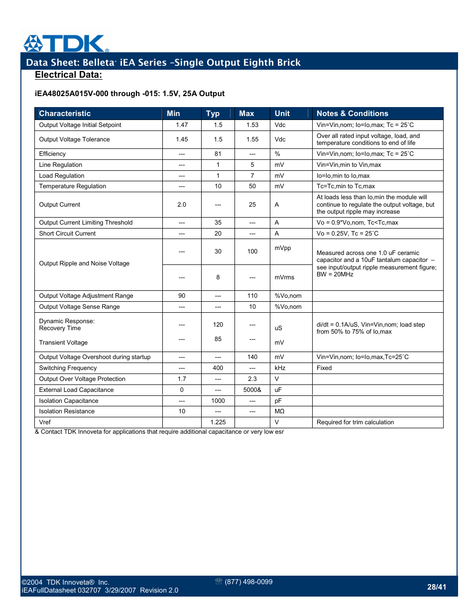 Data sheet: belleta, Iea series –single output eighth brick, Electrical data | TDK Belleta iEA Series User Manual | Page 28 / 41