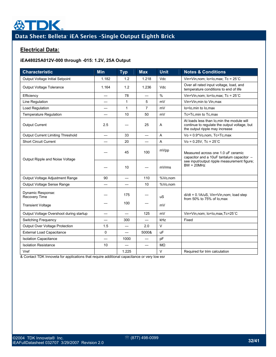 Data sheet: belleta, Iea series –single output eighth brick, Electrical data | TDK Belleta iEA Series User Manual | Page 32 / 41