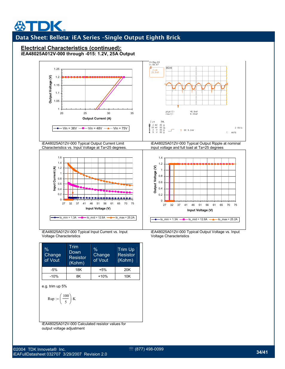 Data sheet: belleta, Iea series –single output eighth brick, Electrical characteristics (continued) | TDK Belleta iEA Series User Manual | Page 34 / 41