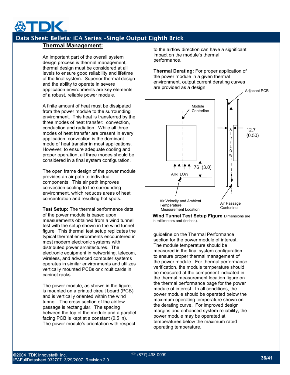 Data sheet: belleta, Iea series –single output eighth brick, Thermal management | TDK Belleta iEA Series User Manual | Page 36 / 41