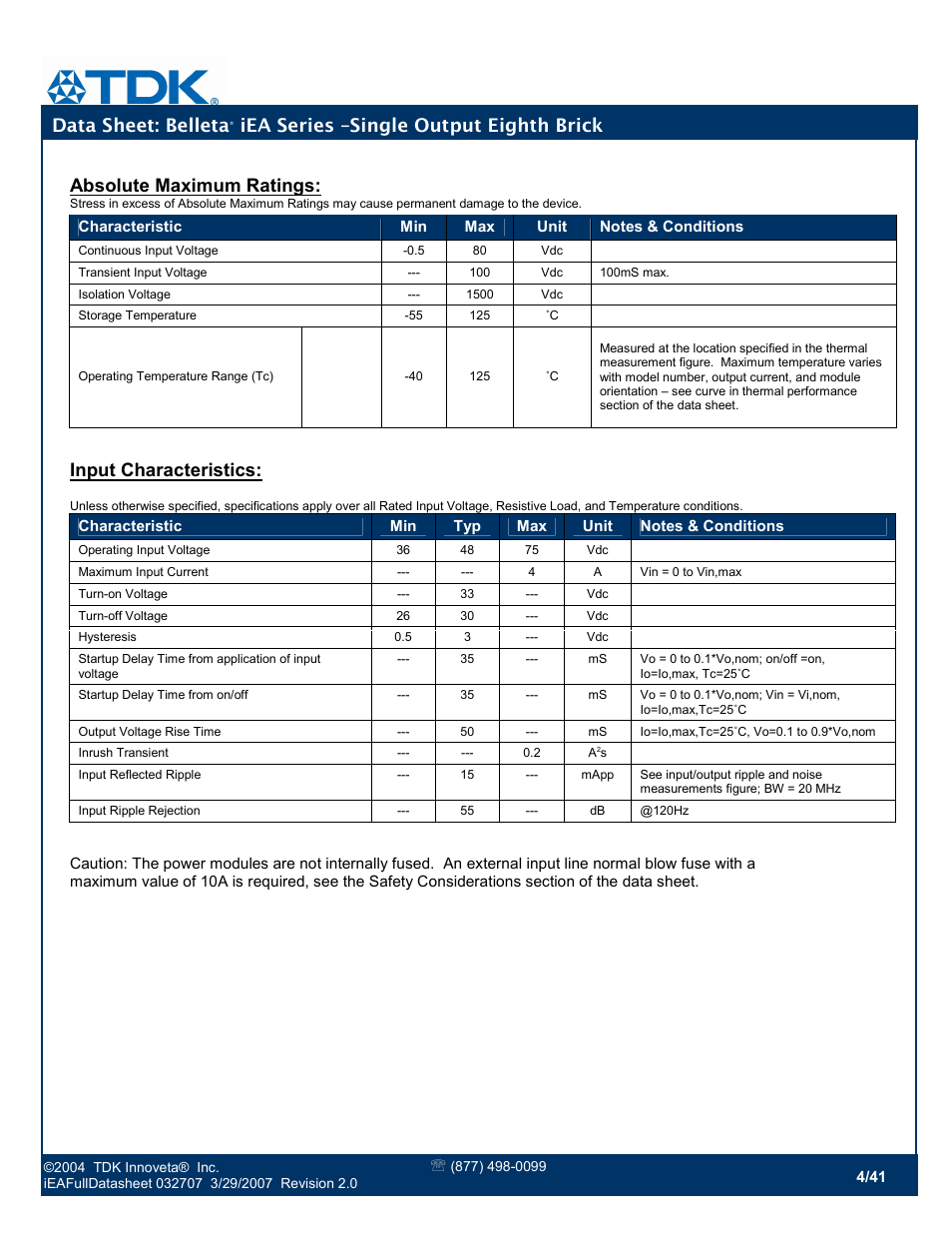 Data sheet: belleta, Iea series –single output eighth brick, Absolute maximum ratings | Input characteristics | TDK Belleta iEA Series User Manual | Page 4 / 41