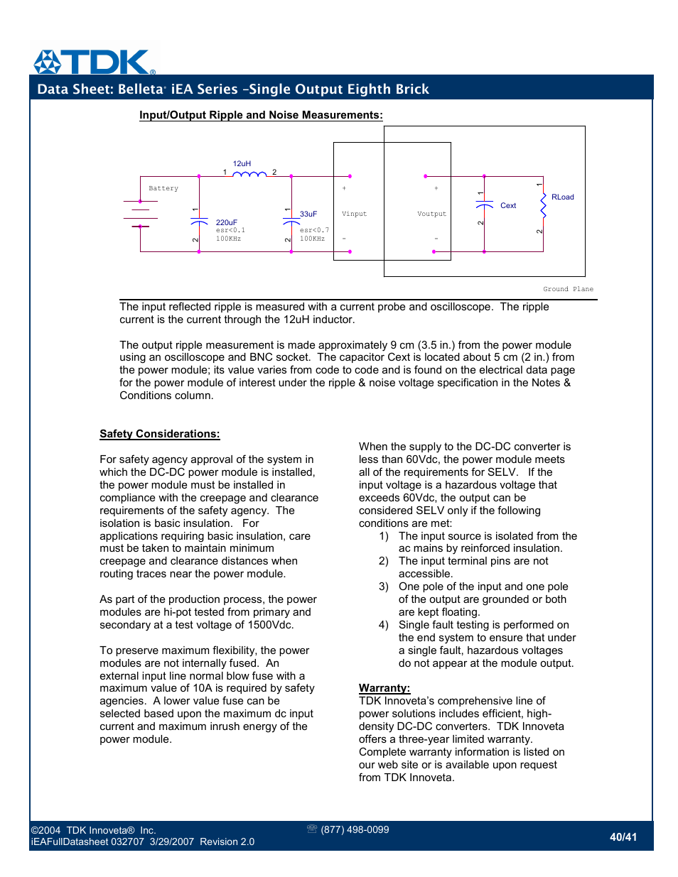 Data sheet: belleta, Iea series –single output eighth brick | TDK Belleta iEA Series User Manual | Page 40 / 41