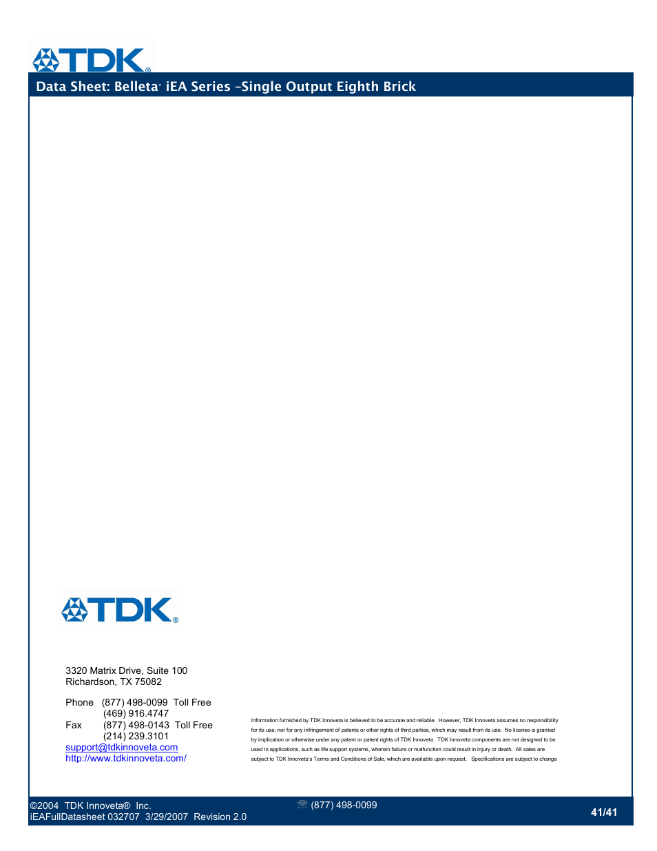 Data sheet: belleta, Iea series –single output eighth brick | TDK Belleta iEA Series User Manual | Page 41 / 41