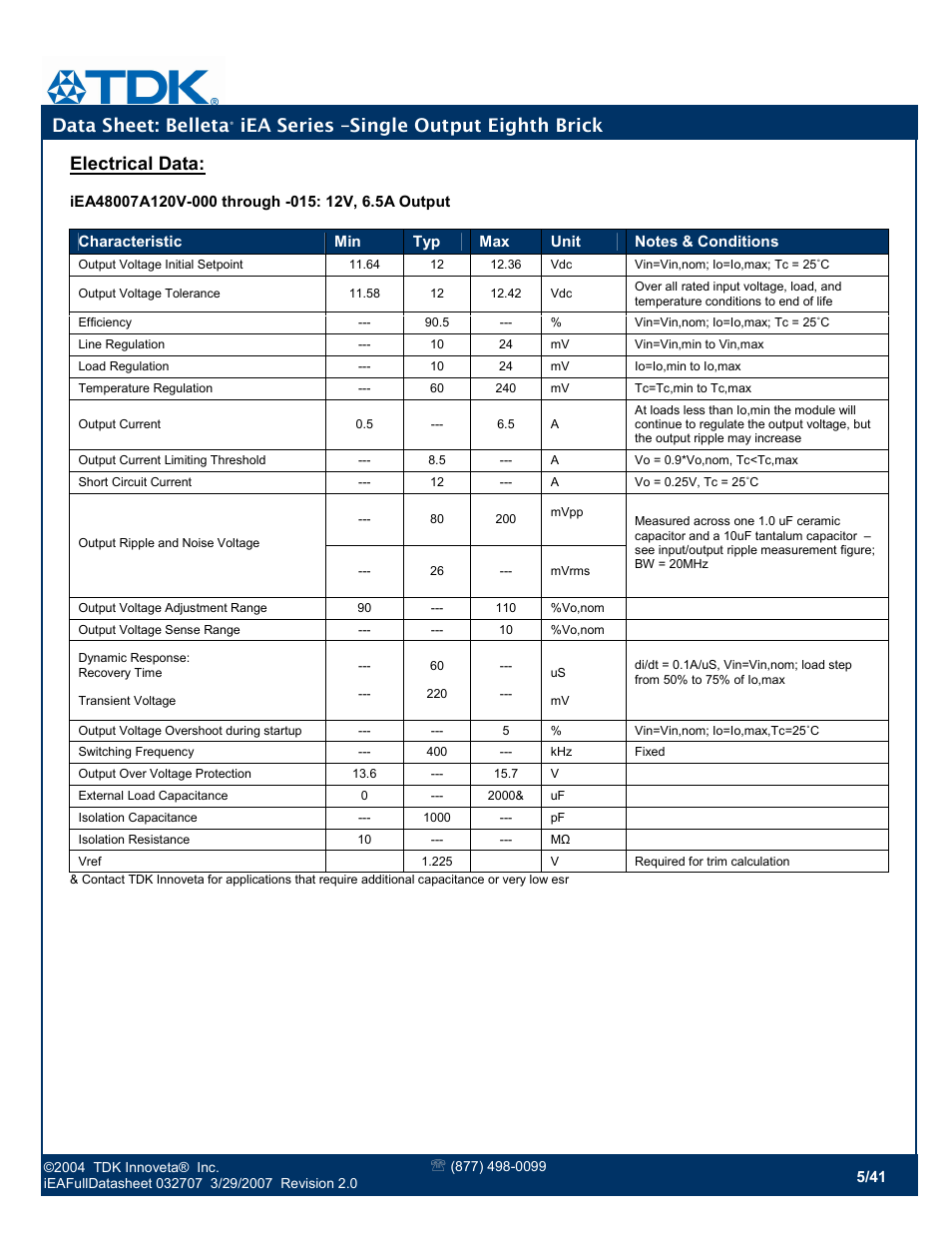 Data sheet: belleta, Iea series –single output eighth brick, Electrical data | TDK Belleta iEA Series User Manual | Page 5 / 41