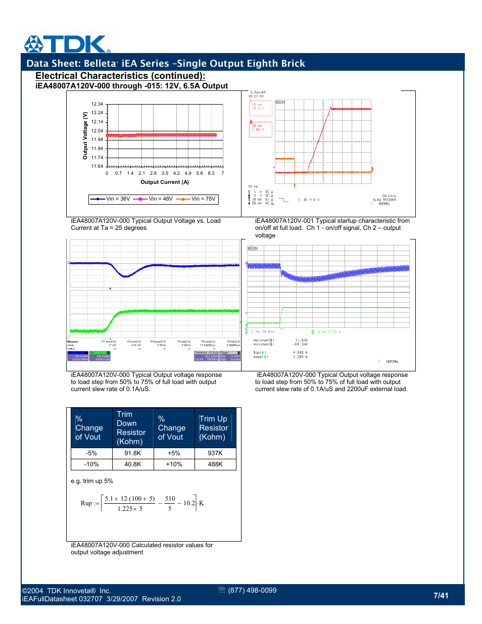 Data sheet: belleta, Iea series –single output eighth brick, Electrical characteristics (continued) | TDK Belleta iEA Series User Manual | Page 7 / 41