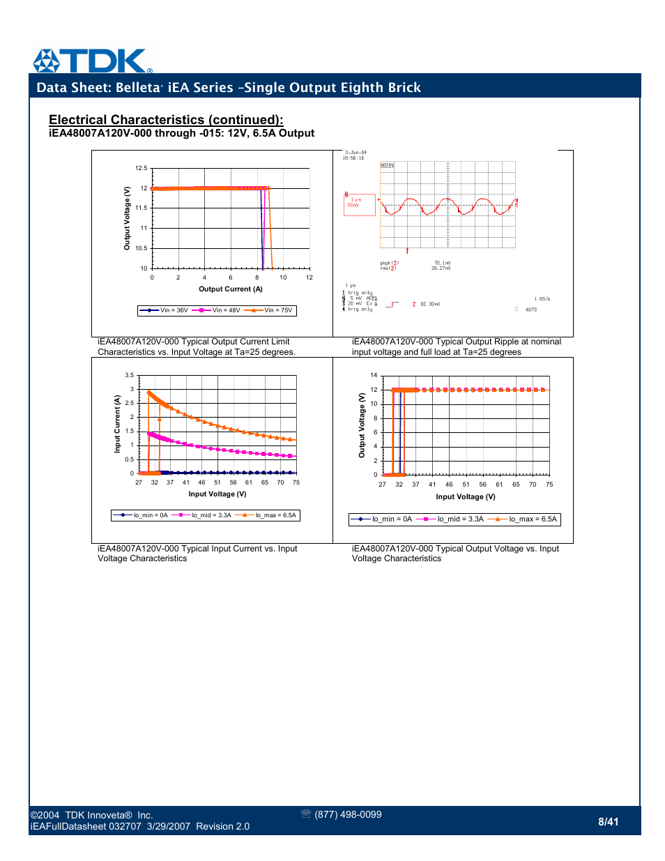 Data sheet: belleta, Iea series –single output eighth brick, Electrical characteristics (continued) | TDK Belleta iEA Series User Manual | Page 8 / 41