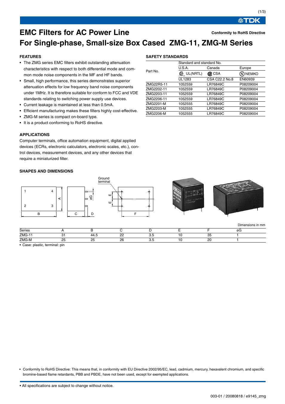 TDK ZMG-M Series User Manual | 3 pages