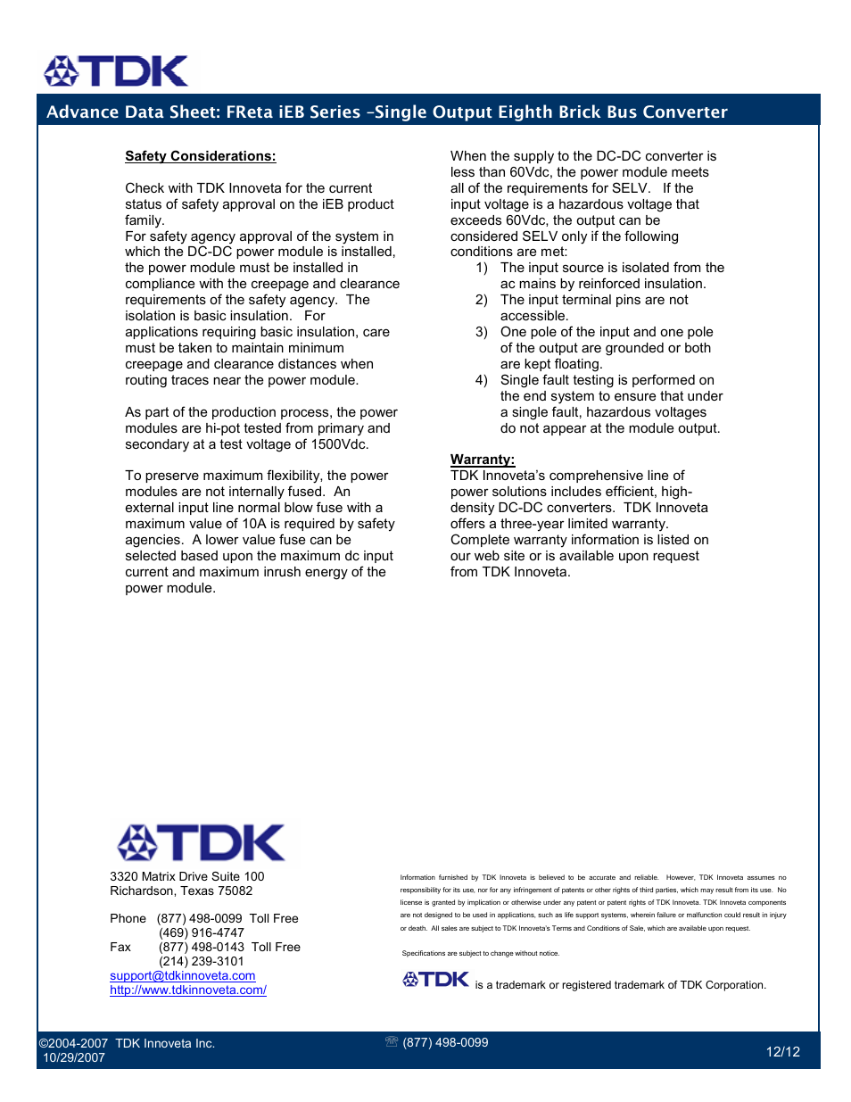 TDK FReta iEB Series User Manual | Page 12 / 12