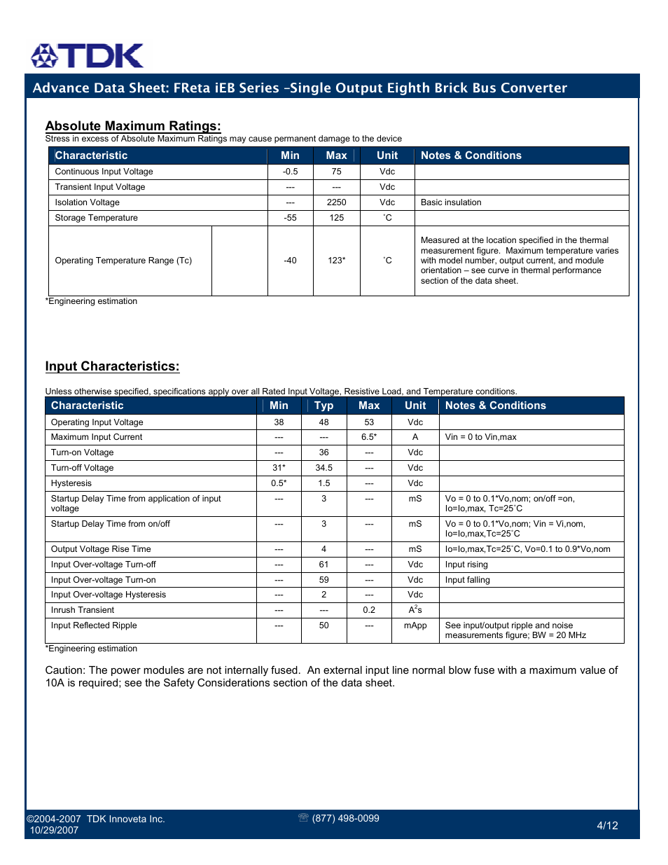 Absolute maximum ratings, Input characteristics | TDK FReta iEB Series User Manual | Page 4 / 12