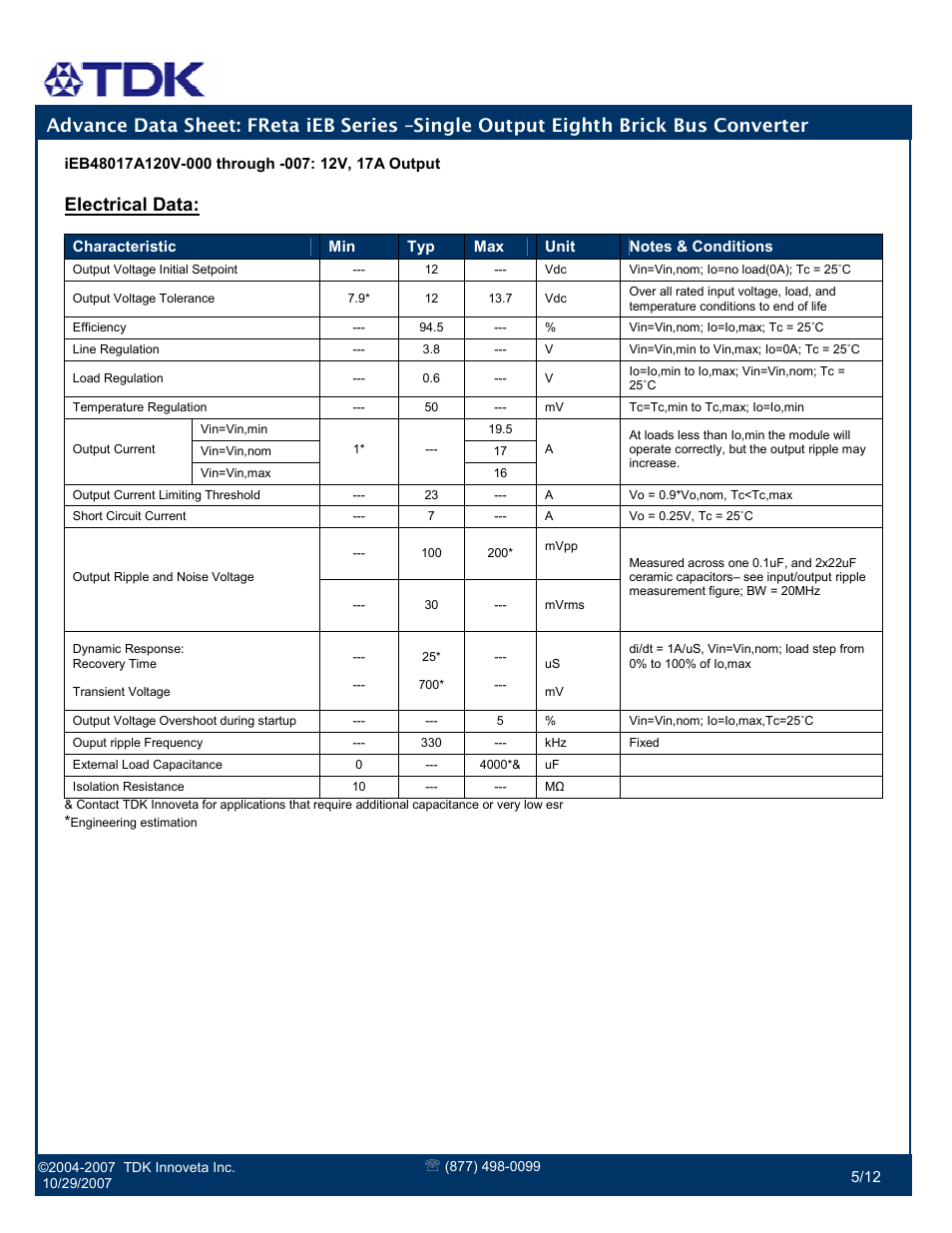 Electrical data | TDK FReta iEB Series User Manual | Page 5 / 12