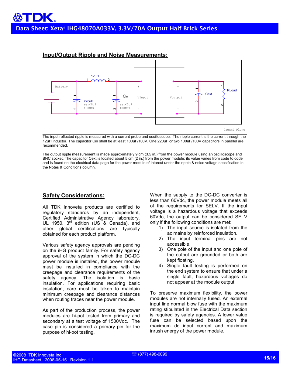 Data sheet: xeta, Input/output ripple and noise measurements, Safety considerations | TDK Xeta Half Brick-iHG User Manual | Page 15 / 16