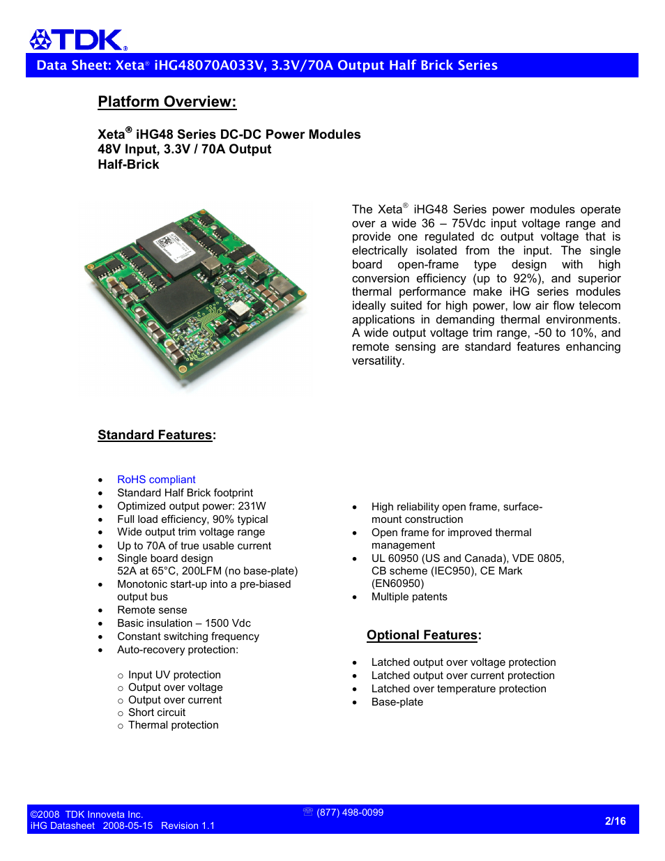 Platform overview | TDK Xeta Half Brick-iHG User Manual | Page 2 / 16