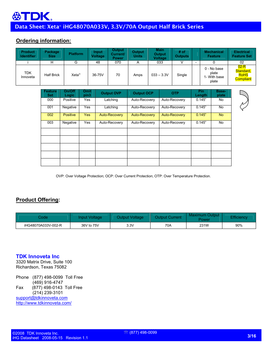 Data sheet: xeta, Ordering information, Product offering | Tdk innoveta inc | TDK Xeta Half Brick-iHG User Manual | Page 3 / 16