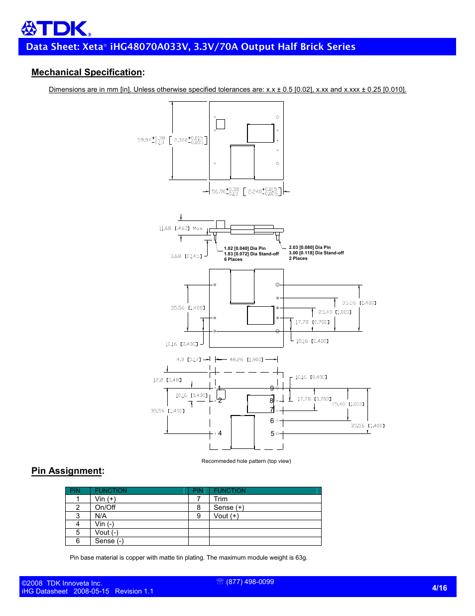 Data sheet: xeta, Mechanical specification, Pin assignment | TDK Xeta Half Brick-iHG User Manual | Page 4 / 16