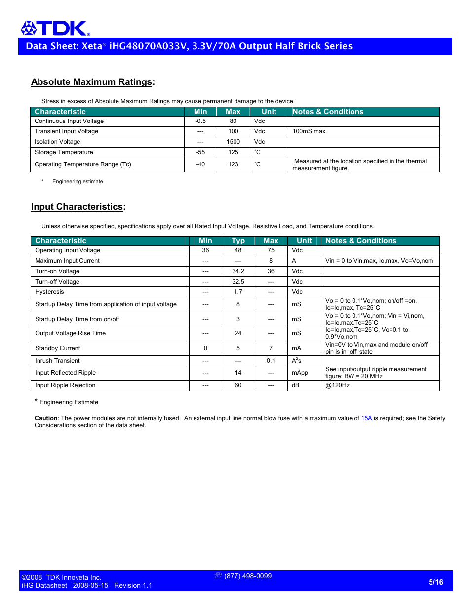 Data sheet: xeta, Absolute maximum ratings, Input characteristics | TDK Xeta Half Brick-iHG User Manual | Page 5 / 16