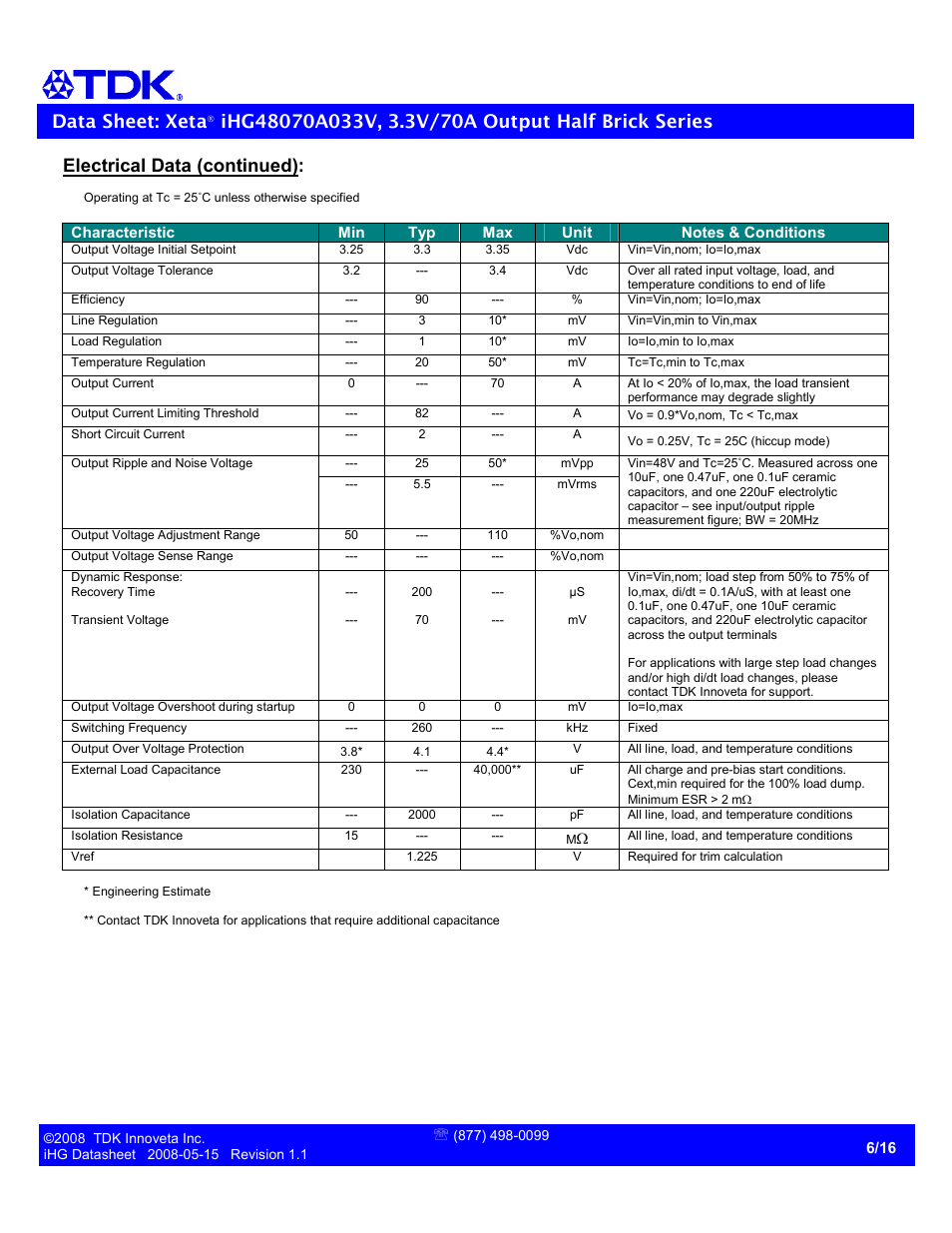 Data sheet: xeta, Electrical data (continued) | TDK Xeta Half Brick-iHG User Manual | Page 6 / 16