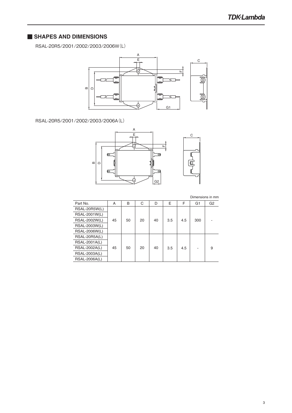 Shapes and dimensions | TDK Lambda RSAL-2006W User Manual | Page 3 / 7