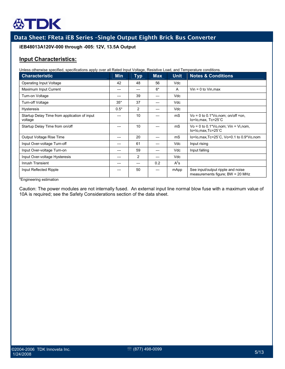 Input characteristics | TDK FReta Series User Manual | Page 5 / 13