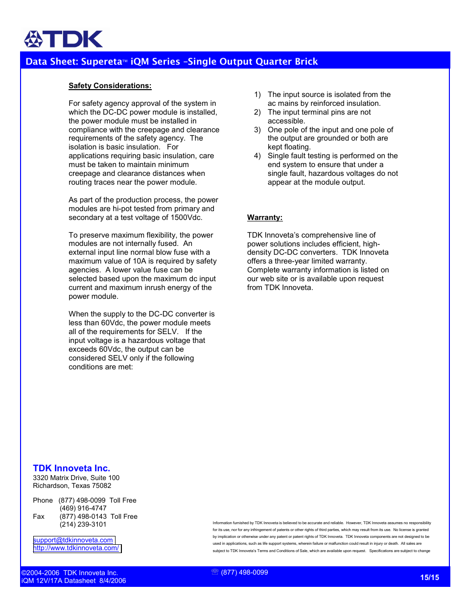 Data sheet: supereta, Iqm series –single output quarter brick, Tdk innoveta inc | TDK Supereta iQM Series User Manual | Page 15 / 15