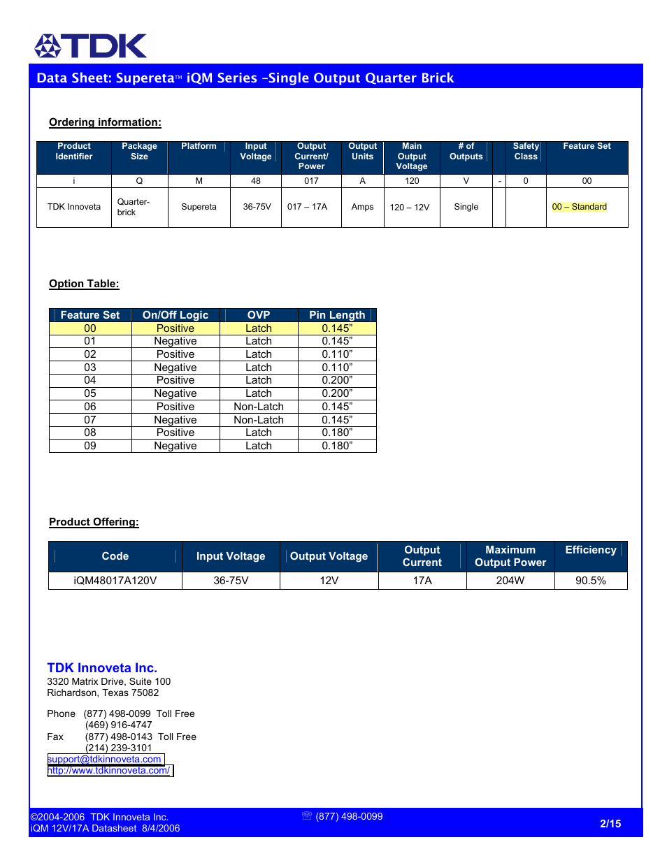 Data sheet: supereta, Iqm series –single output quarter brick, Tdk innoveta inc | TDK Supereta iQM Series User Manual | Page 2 / 15