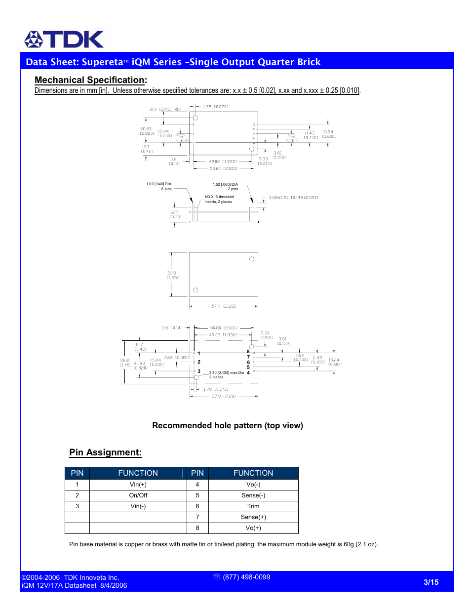 Data sheet: supereta, Iqm series –single output quarter brick, Mechanical specification | Pin assignment | TDK Supereta iQM Series User Manual | Page 3 / 15