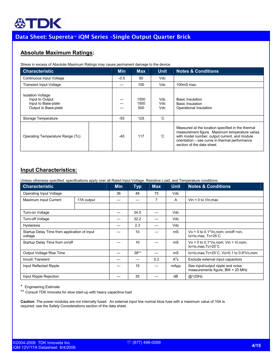Data sheet: supereta, Iqm series –single output quarter brick, Absolute maximum ratings | Input characteristics | TDK Supereta iQM Series User Manual | Page 4 / 15