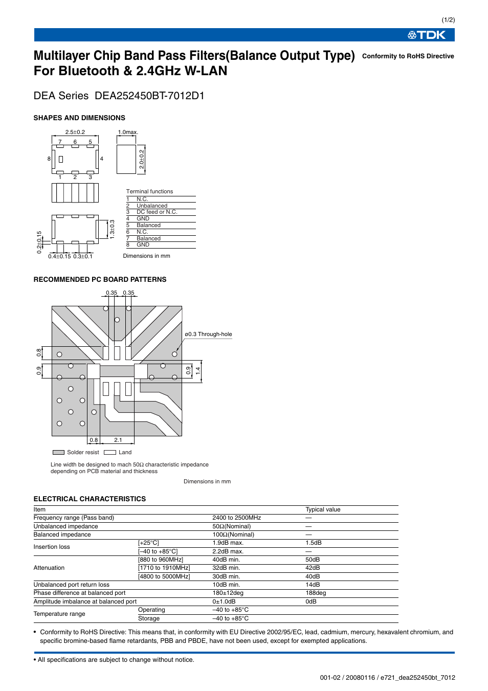 TDK DEA Series DEA252450BT-7012D1 User Manual | 2 pages