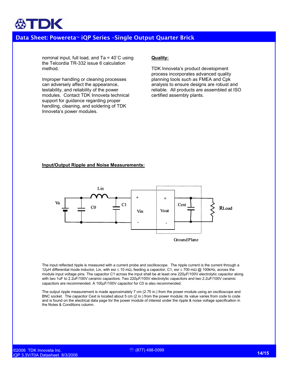 Data sheet: powereta, Iqp series –single output quarter brick | TDK Powereta iQP48070A033 User Manual | Page 14 / 15