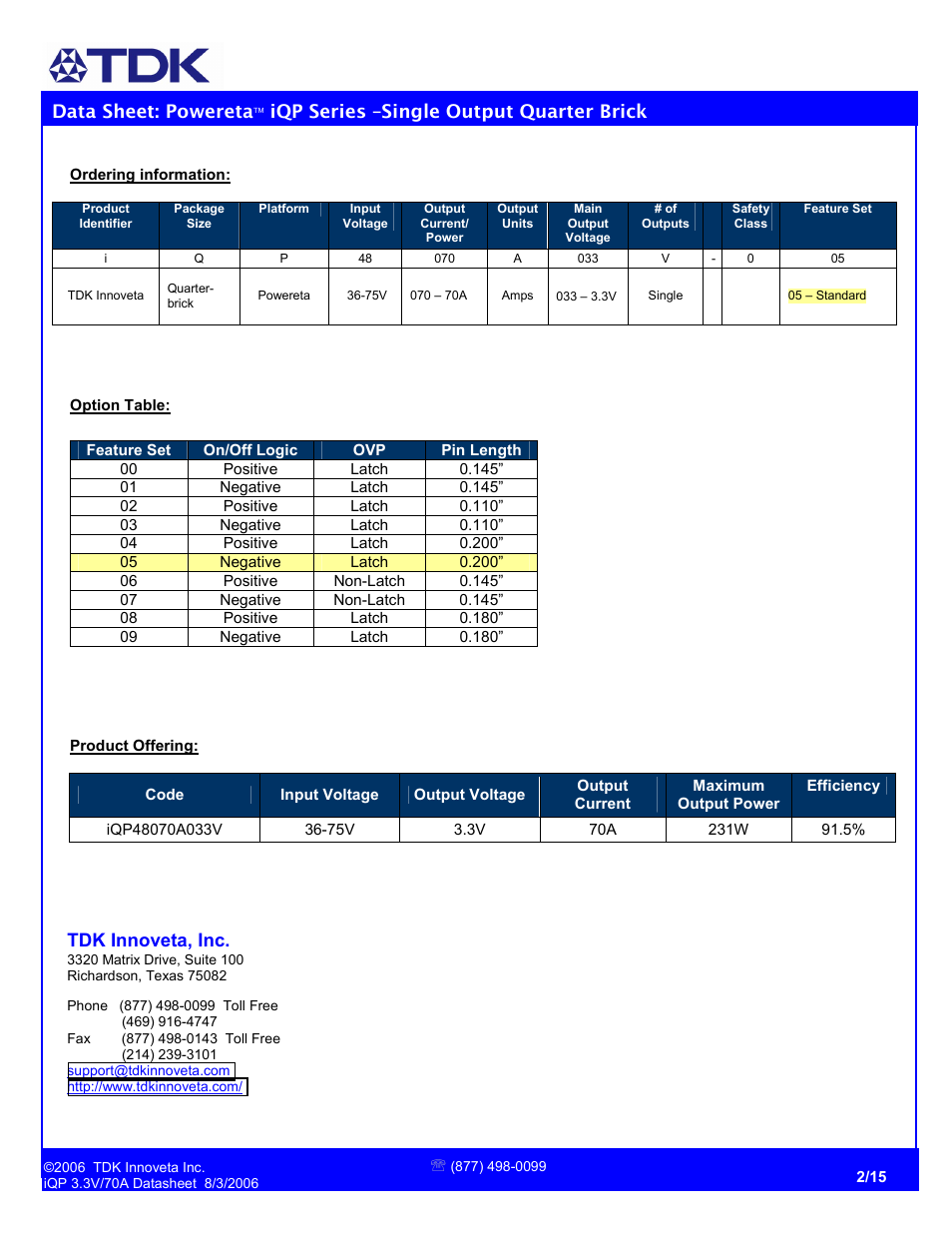 Data sheet: powereta, Iqp series –single output quarter brick, Tdk innoveta, inc | TDK Powereta iQP48070A033 User Manual | Page 2 / 15